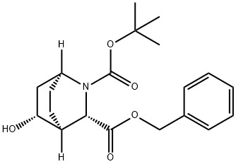 2-Azabicyclo[2.2.2]octane-2,3-dicarboxylic acid, 5-hydroxy-, 2-(1,1-dimethylethyl) 3-(phenylmethyl) ester, (1S,3S,4S,5R)- Struktur