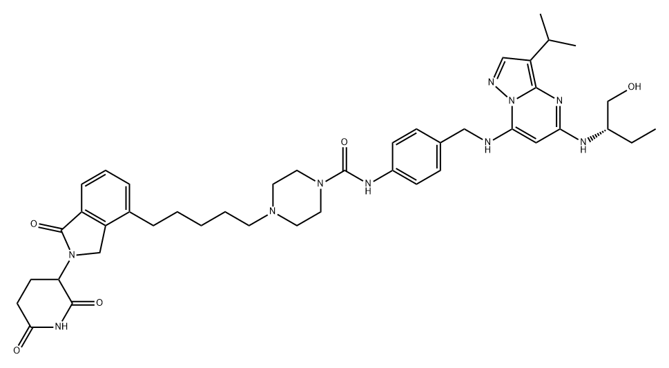 1-Piperazinecarboxamide, 4-[5-[2-(2,6-dioxo-3-piperidinyl)-2,3-dihydro-1-oxo-1H-isoindol-4-yl]pentyl]-N-[4-[[[5-[[(1S)-1-(hydroxymethyl)propyl]amino]-3-(1-methylethyl)pyrazolo[1,5-a]pyrimidin-7-yl]amino]methyl]phenyl]- 结构式