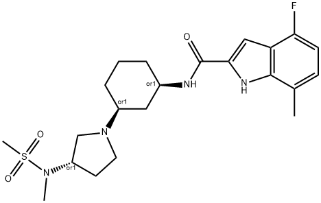 1H-Indole-2-carboxamide, 4-fluoro-7-methyl-N-[(1R,3S)-3-[(3S)-3-[methyl(methylsulfonyl)amino]-1-pyrrolidinyl]cyclohexyl]-, rel- 化学構造式