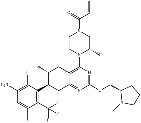 1-[(3S)-4-[(6R,7R)-7-[3-Amino-2-fluoro-5-methyl-6-(trifluoromethyl)phenyl]-5,6,7,8-tetrahydro-6-methyl-2-[[(2S)-1-methyl-2-pyrrolidinyl]methoxy]-4-quinazolinyl]-3-methyl-1-piperazinyl]-2-propen-1-one Struktur