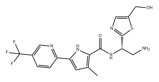 1H-Pyrrole-2-carboxamide, N-[(1S)-2-amino-1-[5-(hydroxymethyl)-2-thiazolyl]ethyl]-3-methyl-5-[5-(trifluoromethyl)-2-pyridinyl]- Struktur