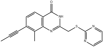 4(3H)-Quinazolinone, 8-methyl-7-(1-propyn-1-yl)-2-[(2-pyrimidinylthio)methyl]- Struktur