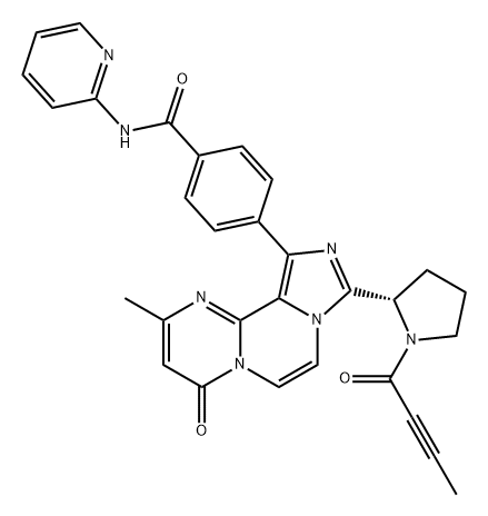 Benzamide, 4-[2-methyl-4-oxo-9-[(2S)-1-(1-oxo-2-butyn-1-yl)-2-pyrrolidinyl]-4H-imidazo[5',1':3,4]pyrazino[1,2-a]pyrimidin-11-yl]-N-2-pyridinyl- Struktur