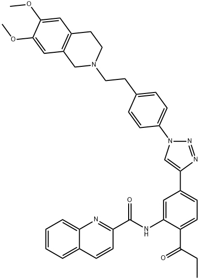 2-Quinolinecarboxamide, N-[5-[1-[4-[2-(3,4-dihydro-6,7-dimethoxy-2(1H)-isoquinolinyl)ethyl]phenyl]-1H-1,2,3-triazol-4-yl]-2-(1-oxopropyl)phenyl]-,2412461-98-2,结构式