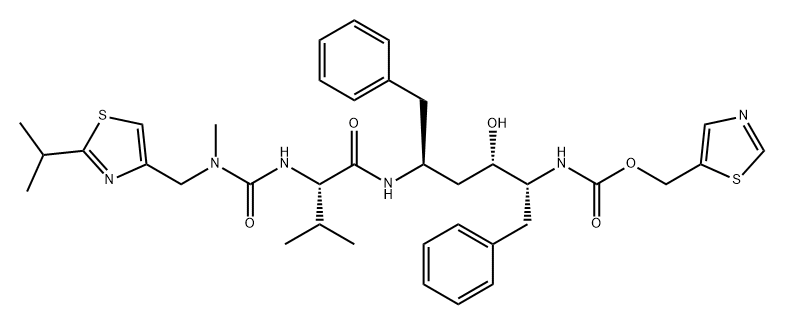 2,7,10,12-Tetraazatridecanoic acid, 4-hydroxy-12-methyl-9-(1-methylethyl)-13-[2-(1-methylethyl)-4-thiazolyl]-8,11-dioxo-3,6-bis(phenylmethyl)-, 5-thiazolylmethyl ester, (3R,4S,6S,9S)-,241486-86-2,结构式