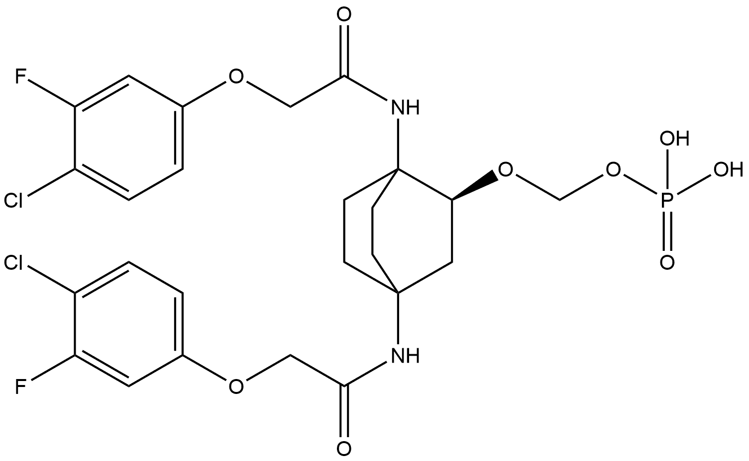 N,N′-[(2S)-2-[(Phosphonooxy)methoxy]bicyclo[2.2.2]octane-1,4-diyl]bis[2-(4-chloro-3-fluorophenoxy)acetamide] 化学構造式