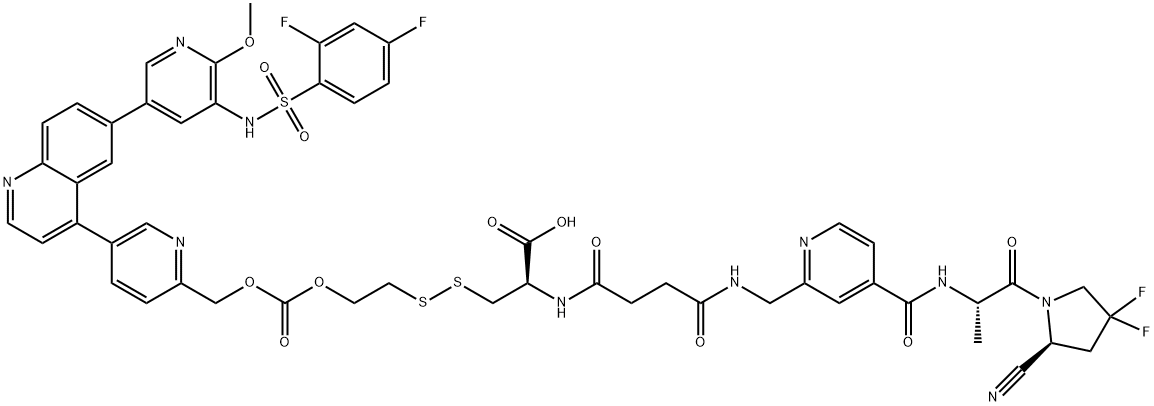 2-Oxa-5,6-dithia-9,14-diazapentadecanoic acid, 8-carboxy-15-[4-[[[(1S)-2-[(2S)-2-cyano-4,4-difluoro-1-pyrrolidinyl]-1-methyl-2-oxoethyl]amino]carbonyl]-2-pyridinyl]-10,13-dioxo-, 1-[[5-[6-[5-[[(2,4-difluorophenyl)sulfonyl]amino]-6-methoxy-3-pyridinyl]-4-quinolinyl]-2-pyridinyl]methyl] ester, (8R)- Structure