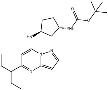 Carbamic acid, N-[(1S,3S)-3-[[5-(1-ethylpropyl)pyrazolo[1,5-a]pyrimidin-7-yl]amino]cyclopentyl]-, 1,1-dimethylethyl ester 化学構造式