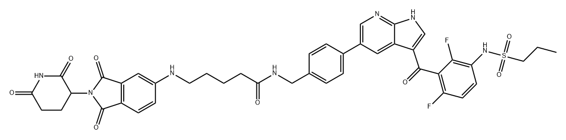 2417296-82-1 Pentanamide, N-[[4-[3-[2,6-difluoro-3-[(propylsulfonyl)amino]benzoyl]-1H-pyrrolo[2,3-b]pyridin-5-yl]phenyl]methyl]-5-[[2-(2,6-dioxo-3-piperidinyl)-2,3-dihydro-1,3-dioxo-1H-isoindol-5-yl]amino]-