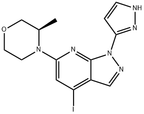 1H-Pyrazolo[3,4-b]pyridine, 4-iodo-6-[(3R)-3-methyl-4-morpholinyl]-1-(1H-pyrazol-3-yl)- Struktur