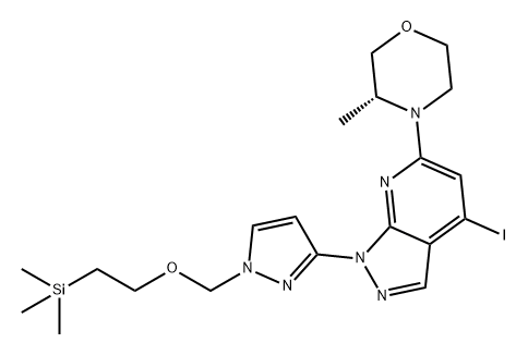 1H-PYRAZOLO[3,4-B]PYRIDINE, 4-IODO-6-[(3R)-3-METHYL-4-MORPHOLINYL]-1-[1-[[2-(TRIMETHYLSILYL)ETHOXY]M 结构式