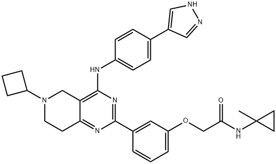 Acetamide, 2-[3-[6-cyclobutyl-5,6,7,8-tetrahydro-4-[[4-(1H-pyrazol-4-yl)phenyl]amino]pyrido[4,3-d]pyrimidin-2-yl]phenoxy]-N-(1-methylcyclopropyl)- 化学構造式