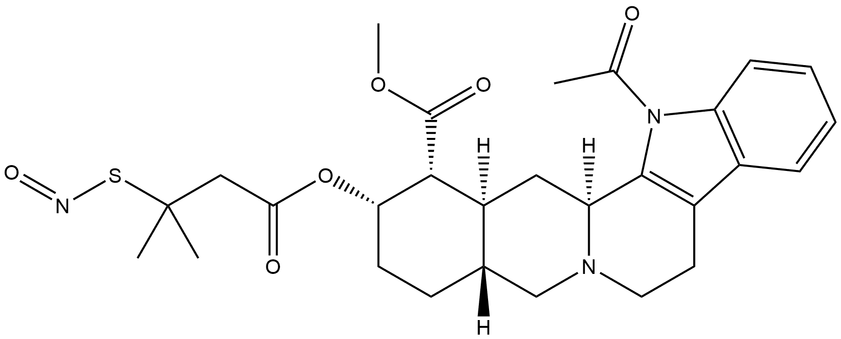 Yohimban-16-carboxylic acid, 1-acetyl-17-[3-methyl-3-(nitrosothio)-1-oxobutoxy]-, methyl ester, (16α,17α)- 化学構造式