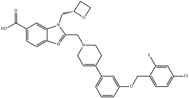 1H-BENZIMIDAZOLE-6-CARBOXYLIC ACID, 2-[[4-[3-[(4-CHLORO-2-FLUOROPHENYL)METHOXY]PHENYL]-3,6-DIHYDRO-1(2H)-PYRIDINYL]METHYL]-1-[(2S)-2-OXETANYLMETHYL]-, 2428640-27-9, 结构式