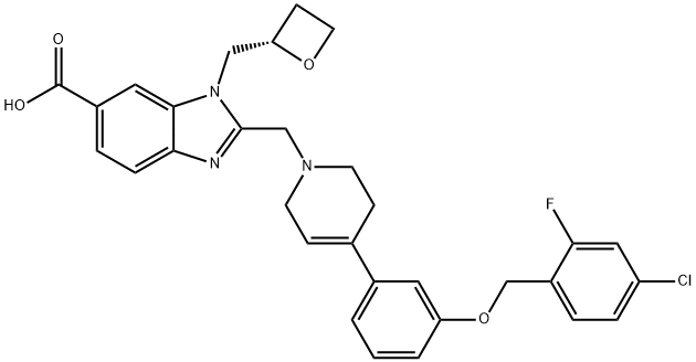 1H-Benzimidazole-6-carboxylic acid, 2-[[4-[3-[(4-chloro-2-fluorophenyl)methoxy]phenyl]-3,6-dihydro-1(2H)-pyridinyl]methyl]-1-[(2S)-2-oxetanylmethyl]- Structure