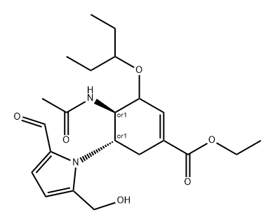 1-Cyclohexene-1-carboxylic acid, 4-(acetylamino)-3-(1-ethylpropoxy)-5-[2-formyl-5-(hydroxymethyl)-1H-pyrrol-1-yl]-, ethyl ester, (4R,5S)-rel- Struktur