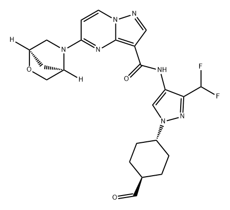 Pyrazolo[1,5-a]pyrimidine-3-carboxamide, N-[3-(difluoromethyl)-1-(trans-4-formylcyclohexyl)-1H-pyrazol-4-yl]-5-(1R,4R)-2-oxa-5-azabicyclo[2.2.1]hept-5-yl- 化学構造式