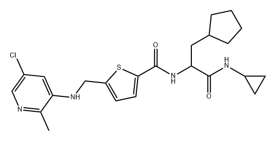 2-Thiophenecarboxamide, 5-[[(5-chloro-2-methyl-3-pyridinyl)amino]methyl]-N-[1-(cyclopentylmethyl)-2-(cyclopropylamino)-2-oxoethyl]- 化学構造式