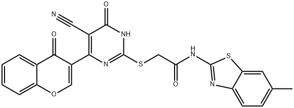 Acetamide, 2-[[5-cyano-1,6-dihydro-6-oxo-4-(4-oxo-4H-1-benzopyran-3-yl)-2-pyrimidinyl]thio]-N-(6-methyl-2-benzothiazolyl)- Structure