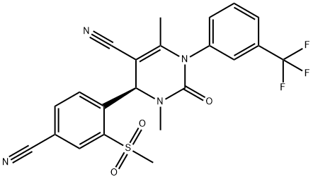 5-Pyrimidinecarbonitrile, 4-[4-cyano-2-(methylsulfonyl)phenyl]-1,2,3,4-tetrahydro-3,6-dimethyl-2-oxo-1-[3-(trifluoromethyl)phenyl]-, (4R)- Structure