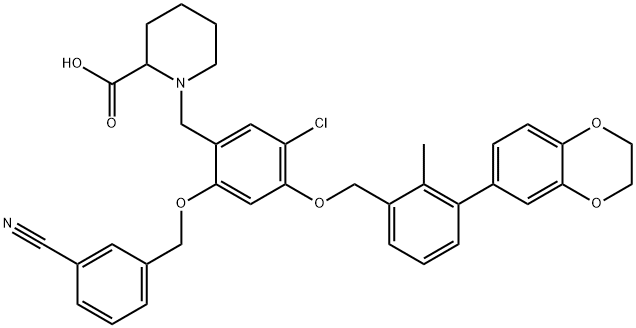 2-Piperidinecarboxylic acid, 1-[[5-chloro-2-[(3-cyanophenyl)methoxy]-4-[[3-(2,3-dihydro-1,4-benzodioxin-6-yl)-2-methylphenyl]methoxy]phenyl]methyl]- Structure