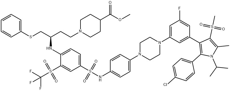 甲基 (R)-1-(3-((4-(N-(4-(4-(3-(2-(4-氯苯基))-1-异丙基-5-甲基-4-(甲磺酰基)-1H -吡咯-3-基)-5-氟苯基)哌嗪-1-基)苯基)氨磺酰基)-2-((三氟甲基)磺酰基)苯基)氨基)-4-(苯硫基)丁基)哌啶-4-甲酸酯, 2447683-88-5, 结构式