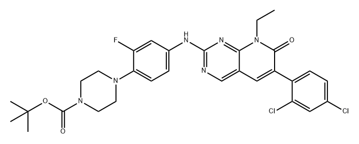4-(4-((6-(2,4-二氯苯基)-8-乙基-7-氧代-7,8-二氢吡啶并[2,3-D]嘧啶-2-基)氨基)-2氟苯基)哌嗪-1-甲酸叔丁酯, 2448346-70-9, 结构式