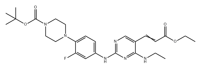 1-Piperazinecarboxylic acid, 4-[4-[[5-(3-ethoxy-3-oxo-1-propen-1-yl)-4-(ethylamino)-2-pyrimidinyl]amino]-2-fluorophenyl]-, 1,1-dimethylethyl ester Struktur