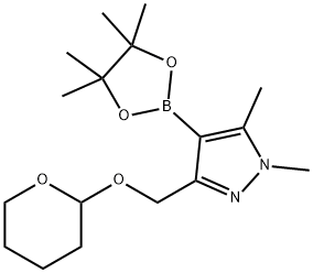 1H-Pyrazole, 1,5-dimethyl-3-[[(tetrahydro-2H-pyran-2-yl)oxy]methyl]-4-(4,4,5,5-tetramethyl-1,3,2-dioxaborolan-2-yl)- Struktur