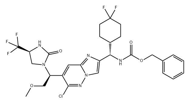 Carbamic acid, N-[(S)-[6-chloro-7-[(1S)-2-methoxy-1-[(4S)-2-oxo-4-(trifluoromethyl)-1-imidazolidinyl]ethyl]imidazo[1,2-b]pyridazin-2-yl](4,4-difluorocyclohexyl)methyl]-, phenylmethyl ester,2452465-39-1,结构式