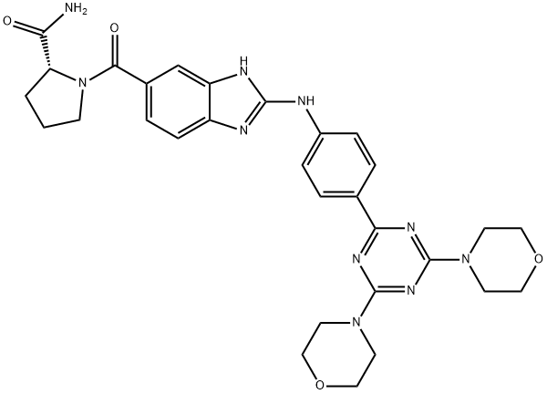 2-Pyrrolidinecarboxamide, 1-[[2-[[4-(4,6-di-4-morpholinyl-1,3,5-triazin-2-yl)phenyl]amino]-1H-benzimidazol-6-yl]carbonyl]-, (2R)- Struktur