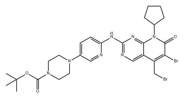 1-Piperazinecarboxylic acid, 4-[6-[[6-bromo-5-(bromomethyl)-8-cyclopentyl-7,8-dihydro-7-oxopyrido[2,3-d]pyrimidin-2-yl]amino]-3-pyridinyl]-, 1,1-dimethylethyl ester 结构式