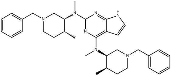 7H-Pyrrolo[2,3-d]pyrimidine-2,4-diamine, N2,N4-dimethyl-N2,N4-bis[(3R,4R)-4-methyl-1-(phenylmethyl)-3-piperidinyl]- Structure
