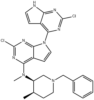 N-((3R,4R)-1-benzyl-4-methylpiperidin-3-yl)-2,2'-dichloro-N-methyl-7H-[4,7'-bipyrrolo[2,3-d]pyrimidin]-4'-amine 化学構造式