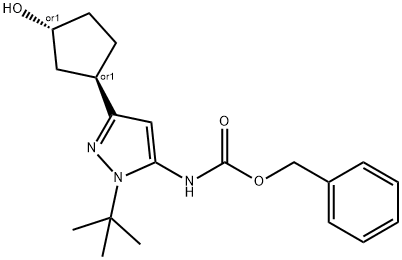 Carbamic acid, N-[1-(1,1-dimethylethyl)-3-[(1R,3R)-3-hydroxycyclopentyl]-1H-pyrazol-5-yl]-, phenylmethyl ester, rel- Structure