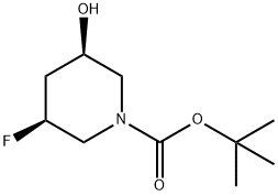 1-Piperidinecarboxylic acid, 3-fluoro-5-hydroxy-, 1,1-dimethylethyl ester, (3S,5R)- 化学構造式