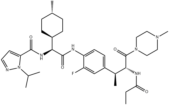 1H-Pyrazole-5-carboxamide, N-[(1S)-2-[[2-fluoro-4-[(1S,2R)-1-methyl-3-(4-methyl-1-piperazinyl)-3-oxo-2-[(1-oxopropyl)amino]propyl]phenyl]amino]-1-(trans-4-methylcyclohexyl)-2-oxoethyl]-1-(1-methylethyl)- Struktur
