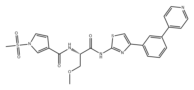 1H-Pyrrole-3-carboxamide, N-[(1S)-1-(methoxymethyl)-2-oxo-2-[[4-[3-(4-pyridinyl)phenyl]-2-thiazolyl]amino]ethyl]-1-(methylsulfonyl)- 化学構造式