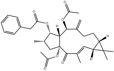 Benzeneacetic acid, (1aR,2E,4aR,6S,7S,7aR,8R,11aS)-4a,8-bis(acetyloxy)-1a,4,4a,5,6,7,7a,8,9,10,11,11a-dodecahydro-1,1,3,6-tetramethyl-9-methylene-4-oxo-1H-cyclopenta[a]cyclopropa[f]cycloundecen-7-yl ester Struktur