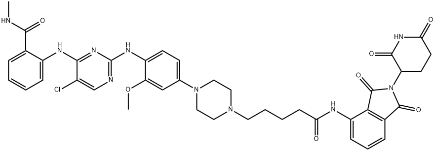 1-Piperazinepentanamide, 4-[4-[[5-chloro-4-[[2-[(methylamino)carbonyl]phenyl]amino]-2-pyrimidinyl]amino]-3-methoxyphenyl]-N-[2-(2,6-dioxo-3-piperidinyl)-2,3-dihydro-1,3-dioxo-1H-isoindol-4-yl]- Struktur