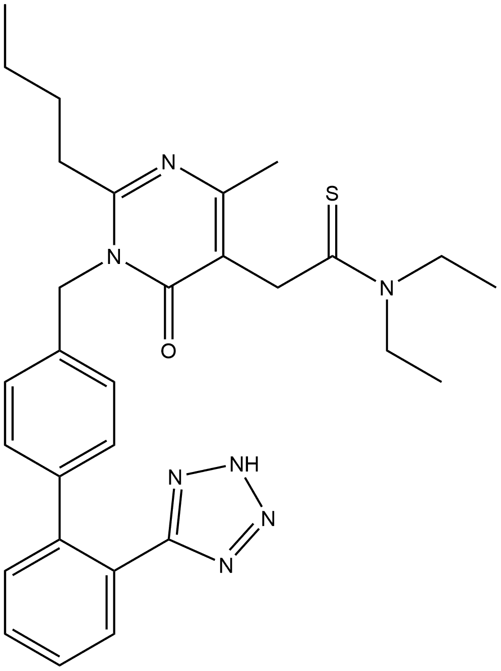 2-Butyl-N,N-diethyl-1,6-dihydro-4-methyl-6-oxo-1-[[2′-(2H-tetrazol-5-yl)[1,1′-biphenyl]-4-yl]methyl]-5-pyrimidineethanethioamide 结构式