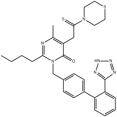 247257-51-8 4(3H)-Pyrimidinone, 2-butyl-6-methyl-3-[[2'-(2H-tetrazol-5-yl)[1,1'-biphenyl]-4-yl]methyl]-5-[2-(4-thiomorpholinyl)-2-thioxoethyl]-
