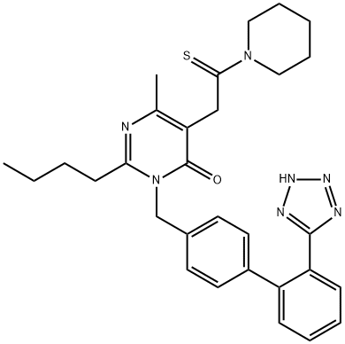 4(3H)-Pyrimidinone, 2-butyl-6-methyl-5-[2-(1-piperidinyl)-2-thioxoethyl]-3-[[2'-(2H-tetrazol-5-yl)[1,1'-biphenyl]-4-yl]methyl]-,247257-53-0,结构式
