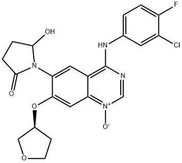 2-Pyrrolidinone, 1-[4-[(3-chloro-4-fluorophenyl)amino]-1-oxido-7-[[(3S)-tetrahydro-3-furanyl]oxy]-6-quinazolinyl]-5-hydroxy- 化学構造式