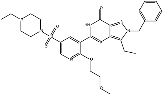 7H-Pyrazolo[4,3-d]pyrimidin-7-one, 3-ethyl-5-[5-[(4-ethyl-1-piperazinyl)sulfonyl]-2-(2-methoxyethoxy)-3-pyridinyl]-2,6-dihydro-2-(2-pyridinylmethyl)-|化合物 T29048