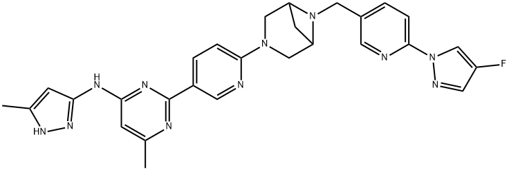 4-Pyrimidinamine, 2-[6-[6-[[6-(4-fluoro-1H-pyrazol-1-yl)-3-pyridinyl]methyl]-3,6-diazabicyclo[3.1.1]hept-3-yl]-3-pyridinyl]-6-methyl-N-(5-methyl-1H-pyrazol-3-yl)-,2479961-46-9,结构式