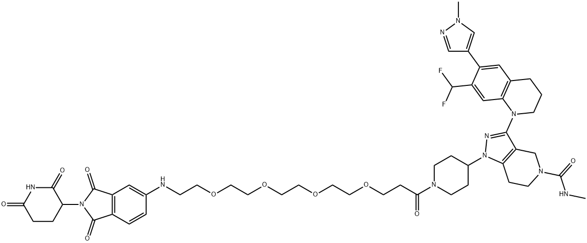 5H-Pyrazolo[4,3-c]pyridine-5-carboxamide, 3-[7-(difluoromethyl)-3,4-dihydro-6-(1-methyl-1H-pyrazol-4-yl)-1(2H)-quinolinyl]-1-[1-[15-[[2-(2,6-dioxo-3-piperidinyl)-2,3-dihydro-1,3-dioxo-1H-isoindol-5-yl]amino]-1-oxo-4,7,10,13-tetraoxapentadec-1-yl]-4-piperidinyl]-1,4,6,7-tetrahydro-N-methyl- 化学構造式