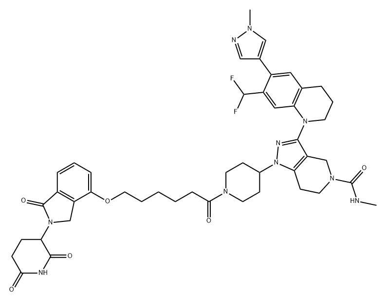 5H-Pyrazolo[4,3-c]pyridine-5-carboxamide, 3-[7-(difluoromethyl)-3,4-dihydro-6-(1-methyl-1H-pyrazol-4-yl)-1(2H)-quinolinyl]-1-[1-[6-[[2-(2,6-dioxo-3-piperidinyl)-2,3-dihydro-1-oxo-1H-isoindol-4-yl]oxy]-1-oxohexyl]-4-piperidinyl]-1,4,6,7-tetrahydro-N-methyl- 结构式