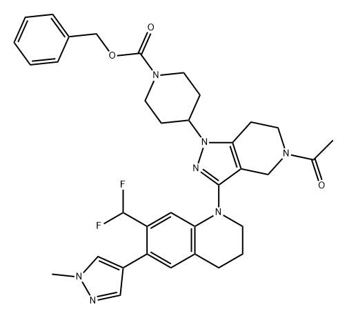 1-Piperidinecarboxylic acid, 4-[5-acetyl-3-[7-(difluoromethyl)-3,4-dihydro-6-(1-methyl-1H-pyrazol-4-yl)-1(2H)-quinolinyl]-4,5,6,7-tetrahydro-1H-pyrazolo[4,3-c]pyridin-1-yl]-, phenylmethyl ester Structure