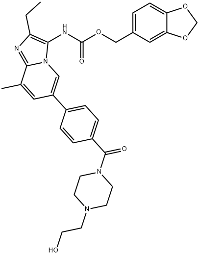 Carbamic acid, N-[2-ethyl-6-[4-[[4-(2-hydroxyethyl)-1-piperazinyl]carbonyl]phenyl]-8-methylimidazo[1,2-a]pyridin-3-yl]-, 1,3-benzodioxol-5-ylmethyl ester Struktur